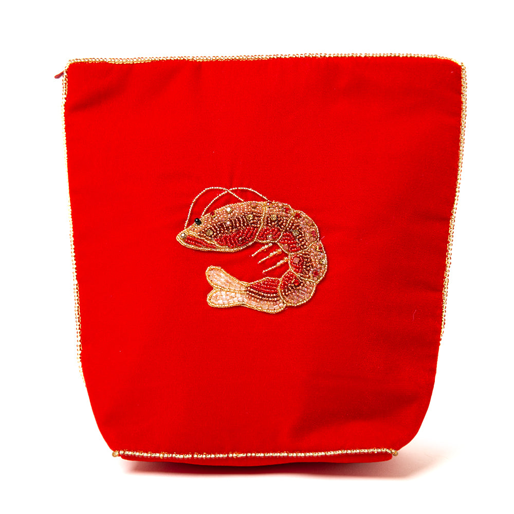 The Prawn My Doris Makeup Bag featuring a beautiful beaded design on the front